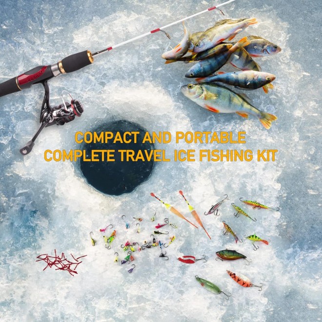 Dr.Fish Ice Fishing Rod and Reel Combo, Ice Fishing Gear Pole Ice Fishing Reel Equipment Set Ice Fishing Backpack Chair Ice Jigs Lures Ice Fishing Accessories