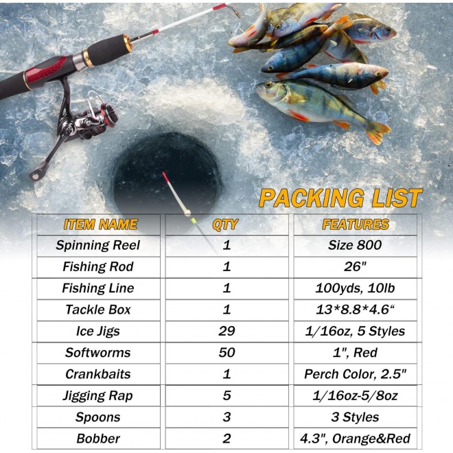 Dr.Fish Ice Fishing Rod and Reel Combo, Ice Fishing Gear Pole Ice Fishing Reel Equipment Set Ice Fishing Backpack Chair Ice Jigs Lures Ice Fishing Accessories