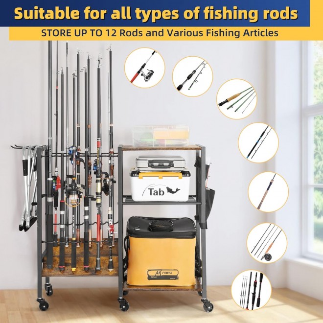 Olakee Fishing Rod Holders Fishing Gear Fishing Equipment Organizers Fishing Pole Holders Fishing Rod Tackle Cart for Garage Home Entryway Corner Gift Ideas for Men Dad