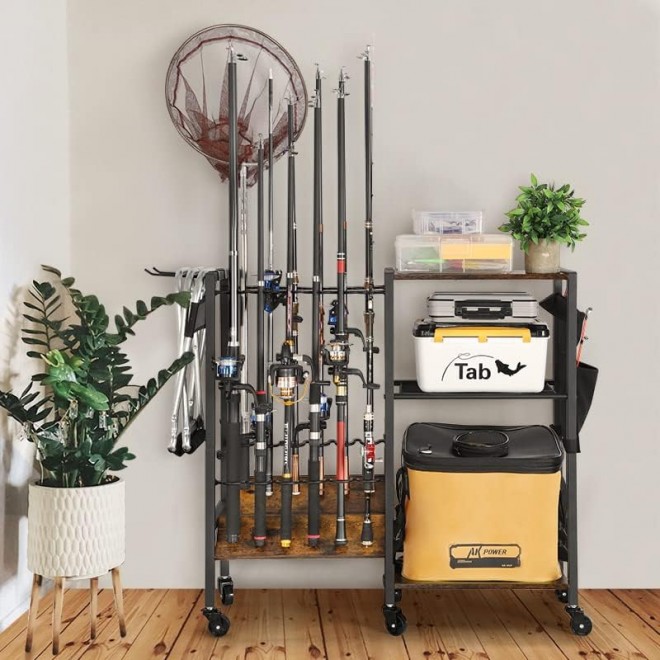 Olakee Fishing Rod Holders Fishing Gear Fishing Equipment Organizers Fishing Pole Holders Fishing Rod Tackle Cart for Garage Home Entryway Corner Gift Ideas for Men Dad