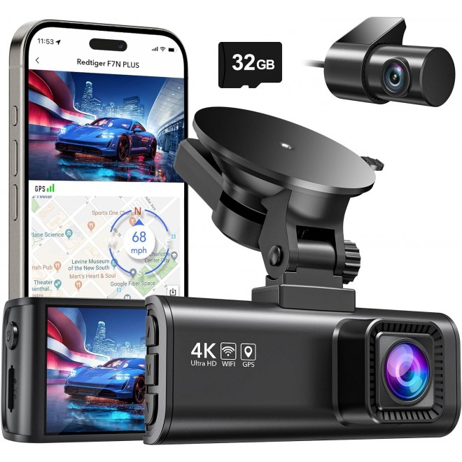 REDTIGER Dash Cam Front Rear, 4K/2.5K Full HD Dash Camera for Cars, Included 32GB Card, Built-in Wi-Fi GPS, 3.16” IPS Screen, Night Vision, 170°Wide Angle, WDR, 24H Parking Mode