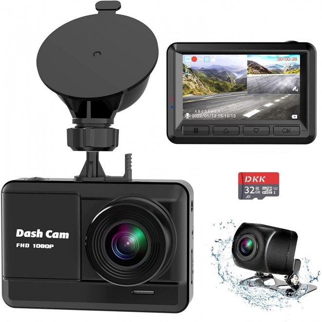 Dash Cam Front and Rear, Mini Dash Cam 1080P Full HD with 32GB SD Card, 2.45 inch IPS Screen, 2 Mounting Ways, Night Vision, WDR, Accident Lock, Loop Recording, Parking Monitor