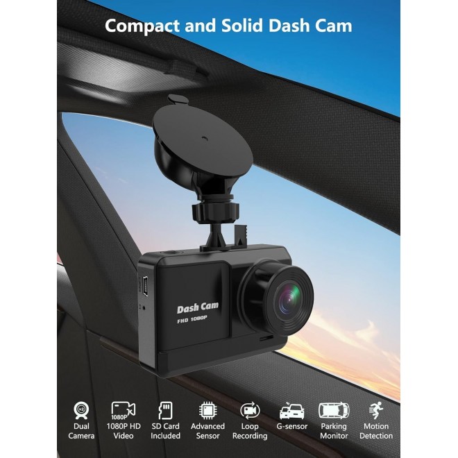 Dash Cam Front and Rear, Mini Dash Cam 1080P Full HD with 32GB SD Card, 2.45 inch IPS Screen, 2 Mounting Ways, Night Vision, WDR, Accident Lock, Loop Recording, Parking Monitor