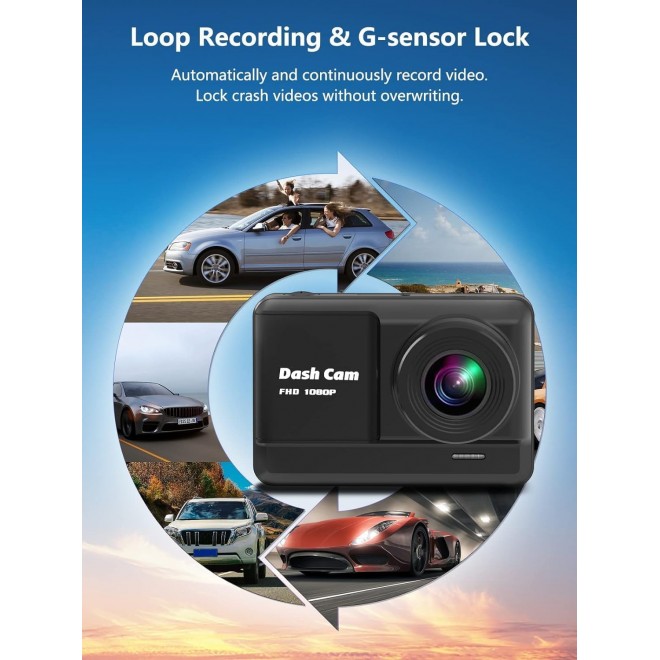 Dash Cam Front and Rear, Mini Dash Cam 1080P Full HD with 32GB SD Card, 2.45 inch IPS Screen, 2 Mounting Ways, Night Vision, WDR, Accident Lock, Loop Recording, Parking Monitor