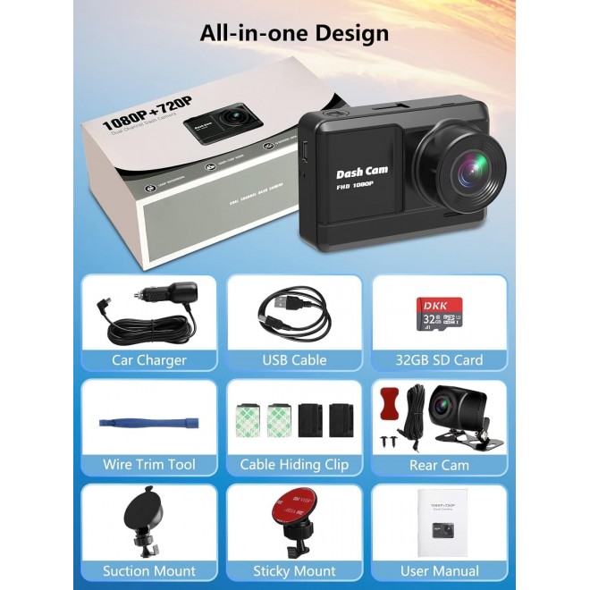 Dash Cam Front and Rear, Mini Dash Cam 1080P Full HD with 32GB SD Card, 2.45 inch IPS Screen, 2 Mounting Ways, Night Vision, WDR, Accident Lock, Loop Recording, Parking Monitor