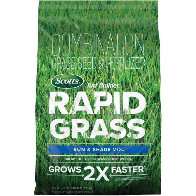 Scotts 18216 Turf Builder Rapid Grass Sun & Shade Mix: up to 8,000 sq. ft, Combination Seed & Fertilizer, Grows in Just Weeks, 16 lb