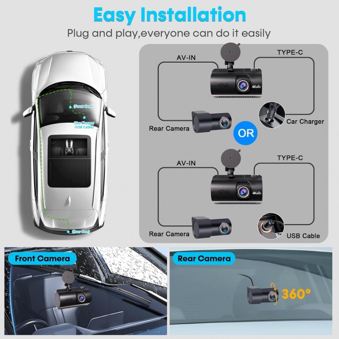 Smart Dash Cam 5G WiFi GPS: 4K Front Rear Car Camera with APP - USB Easy Setup Dash Camera Loop Recording - Night Vision 3.16 Screen Dashcams 24H Parking Mode G-Sensor