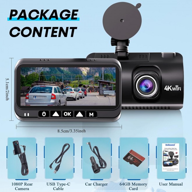 Smart Dash Cam 5G WiFi GPS: 4K Front Rear Car Camera with APP - USB Easy Setup Dash Camera Loop Recording - Night Vision 3.16 Screen Dashcams 24H Parking Mode G-Sensor