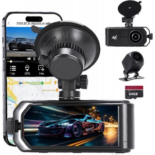 Car Camera 4K 2160p+1080 Full HD Driving Recorder, Free 64GB Card, Built-in WiFi GPS, 3.16-inch IPS Screen, Night Vision, 170 ° Wide-Angle, Wide Dynamic Range, 24-Hour Parking Mode