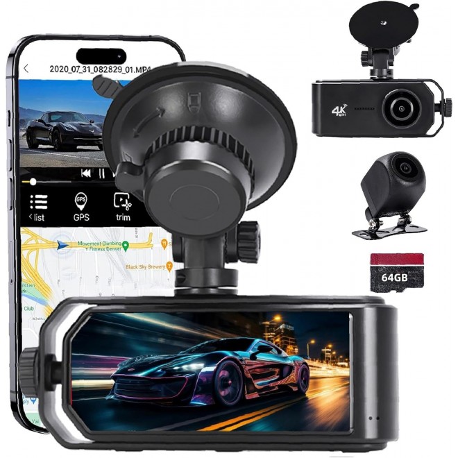 Car Camera 4K 2160p+1080 Full HD Driving Recorder, Free 64GB Card, Built-in WiFi GPS, 3.16-inch IPS Screen, Night Vision, 170 ° Wide-Angle, Wide Dynamic Range, 24-Hour Parking Mode