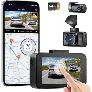 Dash Cam Front and Rear, Free 64GB Card, 3'' Touch Screen Driving Recorder Built-in WiFi GPS, Voice Control, WDR Night Vision, G-Sensor Parking Mode, Loop Recording (D22)