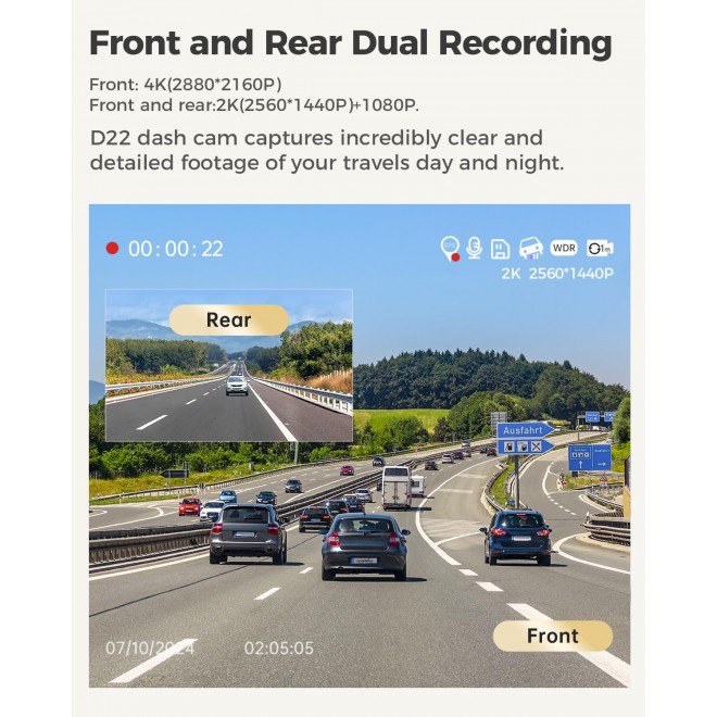 Dash Cam Front and Rear, Free 64GB Card, 3'' Touch Screen Driving Recorder Built-in WiFi GPS, Voice Control, WDR Night Vision, G-Sensor Parking Mode, Loop Recording (D22)