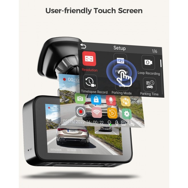 Dash Cam Front and Rear, Free 64GB Card, 3'' Touch Screen Driving Recorder Built-in WiFi GPS, Voice Control, WDR Night Vision, G-Sensor Parking Mode, Loop Recording (D22)