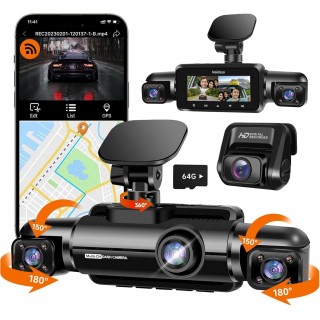 360° Dash Cam Front and Rear Inside, 4 Channel FHD 4 * 1080P, Wi-Fi GPS Voice Control Car Camera, Front 2K+1080P*2 Dash Camera for Cars, with 64GB SD Card, Night Vision, 24H Parking Mode(N300)