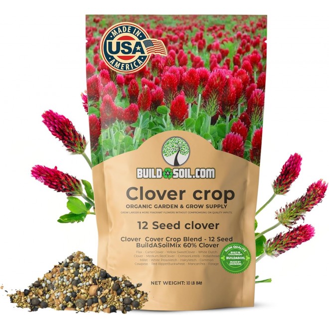 BuildASoil No-Till Clover Seed Cover Crop Blend 12 Species Cover Crop Seed Mix Premium Clover Seeds for Lawn - Plants Friendly Cover Crop for Garden - 60% Clover (10 LB Bag)