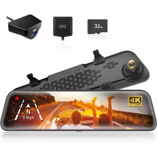 WOLFBOX G840S 12 4K Mirror Dash Cam Backup Camera, 2160P Full HD Smart Rearview Mirror for Cars & Trucks, Front and Rear View Dual Cameras, Night Vision, Parking Assistance, Included 32GB Card & GPS