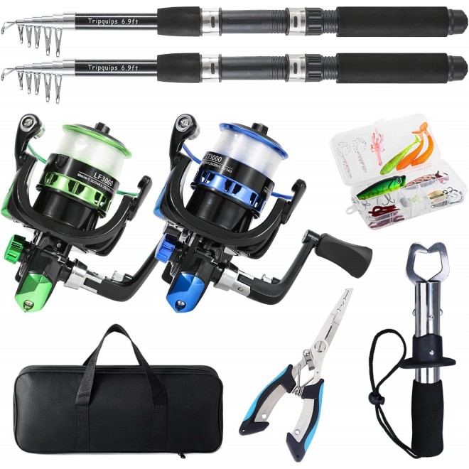 Fishing Rod, 2PCS Telescopic Fishing Rod and Reel Combo with Fishing Pliers and Lip Gripper, Pre-Loaded Spinning Reel Combo, Fishing Pole with Carrier Bag Fishing Gear