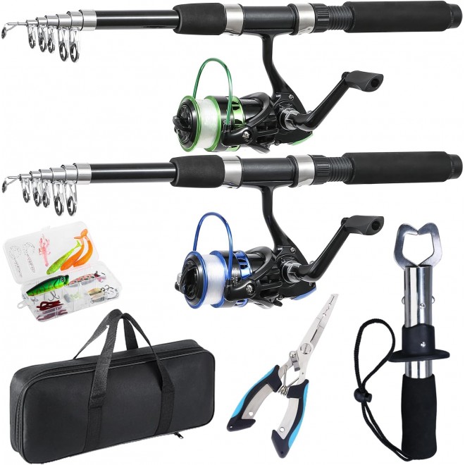 Fishing Rod, 2PCS Telescopic Fishing Rod and Reel Combo with Fishing Pliers and Lip Gripper, Pre-Loaded Spinning Reel Combo, Fishing Pole with Carrier Bag Fishing Gear