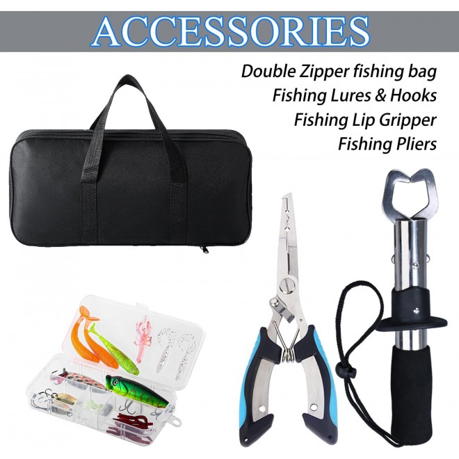 Fishing Rod, 2PCS Telescopic Fishing Rod and Reel Combo with Fishing Pliers and Lip Gripper, Pre-Loaded Spinning Reel Combo, Fishing Pole with Carrier Bag Fishing Gear