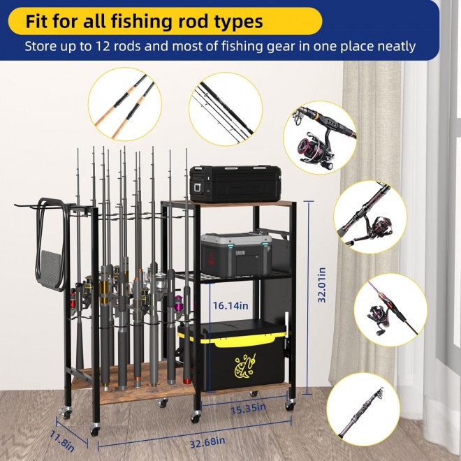 Fishing Rod Holders, Fishing Pole Holders, Fishing Gear Tackle Cart, Fishing Equipment Organizers for Garage, Fits Most Rods of 1.57 (40mm) Diameter, hold up to 12 Rods or Combos