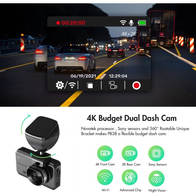 4K Dual Dash Cam Front and Rear, Wi-Fi Dash Camera for Cars with 3 Inches Screen, Car Camera Driving Recorder with Night Vision, Parking Mode, Gray