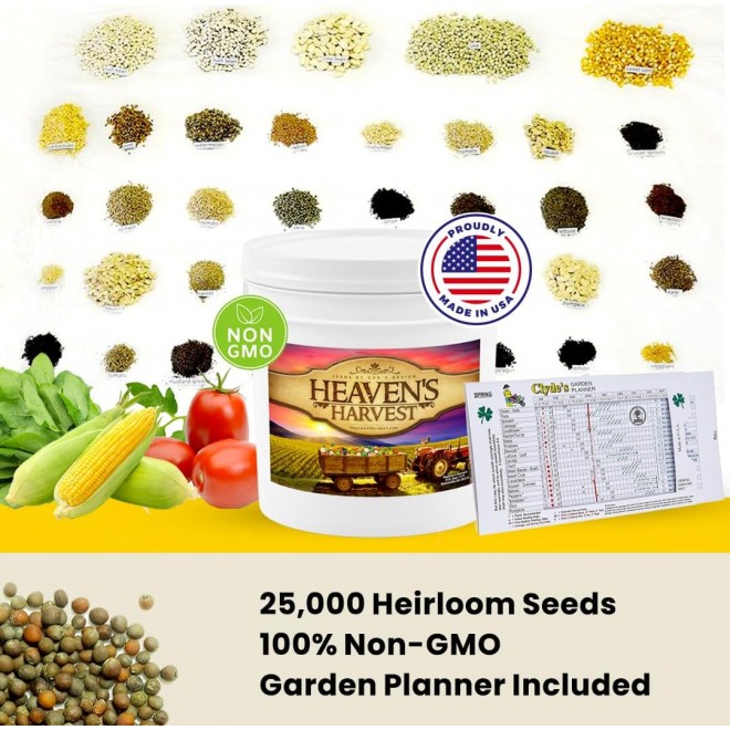 Heaven’s Harvest 10 Year Garden” Survival Seed Bank Kit | Over 25k Non-GMO Heirloom Vegetable Survival Seeds + 2 Free Bonus Items: Clyde’s Garden Planner + Seed Vault Storage Drum for 10 Year Storage