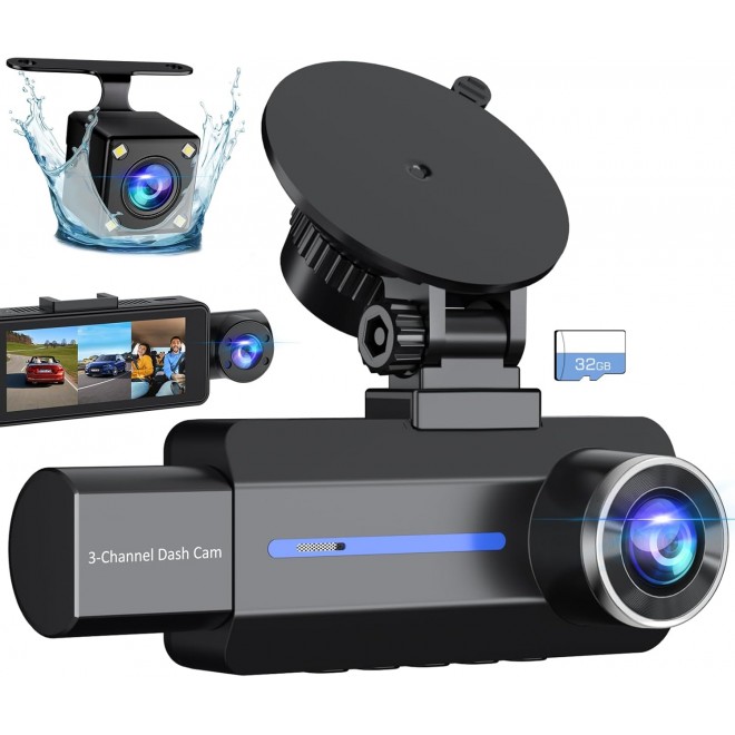 3 Channel 2.5K Dash Cam, 1440P Dash Cam Front and Rear Inside, Dash Camera for Cars, Triple Car Camera with 32GB Card, G-Sensor, 24Hr Parking, 170°Wide Angle, Loop Recording, IR Night Vision, Blue