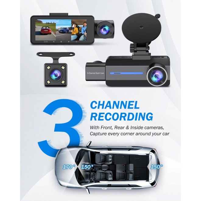 3 Channel 2.5K Dash Cam, 1440P Dash Cam Front and Rear Inside, Dash Camera for Cars, Triple Car Camera with 32GB Card, G-Sensor, 24Hr Parking, 170°Wide Angle, Loop Recording, IR Night Vision, Blue