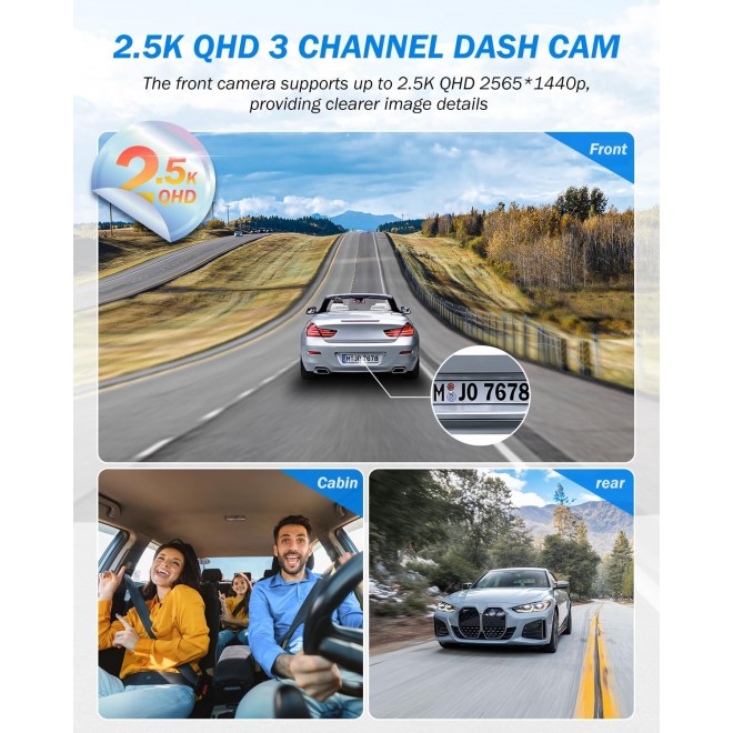 3 Channel 2.5K Dash Cam, 1440P Dash Cam Front and Rear Inside, Dash Camera for Cars, Triple Car Camera with 32GB Card, G-Sensor, 24Hr Parking, 170°Wide Angle, Loop Recording, IR Night Vision, Blue