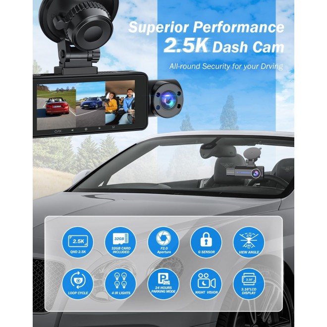 3 Channel 2.5K Dash Cam, 1440P Dash Cam Front and Rear Inside, Dash Camera for Cars, Triple Car Camera with 32GB Card, G-Sensor, 24Hr Parking, 170°Wide Angle, Loop Recording, IR Night Vision, Blue