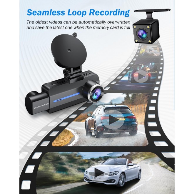 3 Channel 2.5K Dash Cam, 1440P Dash Cam Front and Rear Inside, Dash Camera for Cars, Triple Car Camera with 32GB Card, G-Sensor, 24Hr Parking, 170°Wide Angle, Loop Recording, IR Night Vision, Blue