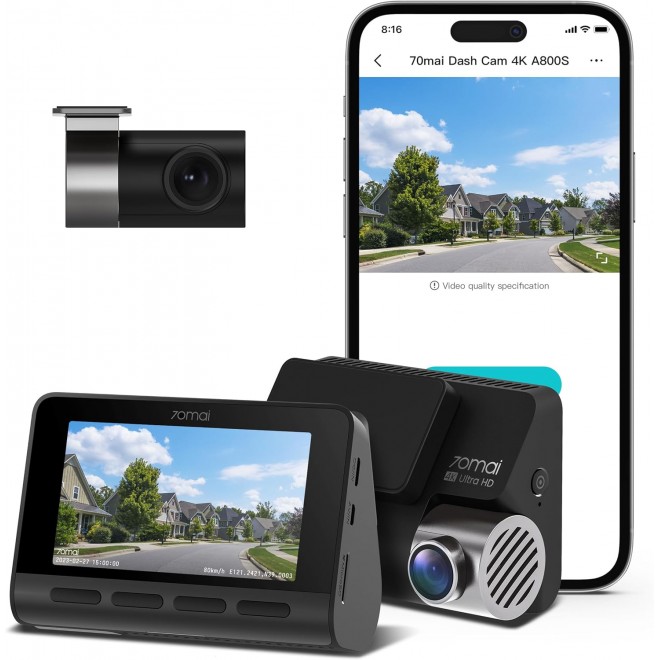 70mai 4K Dash Cam A800S with Sony IMX415, Front and Rear,Built in GPS, Super Night Vision, 3'' IPS LCD, 24H Parking Mode, ADAS, Loop Recording, iOS/Android App Control