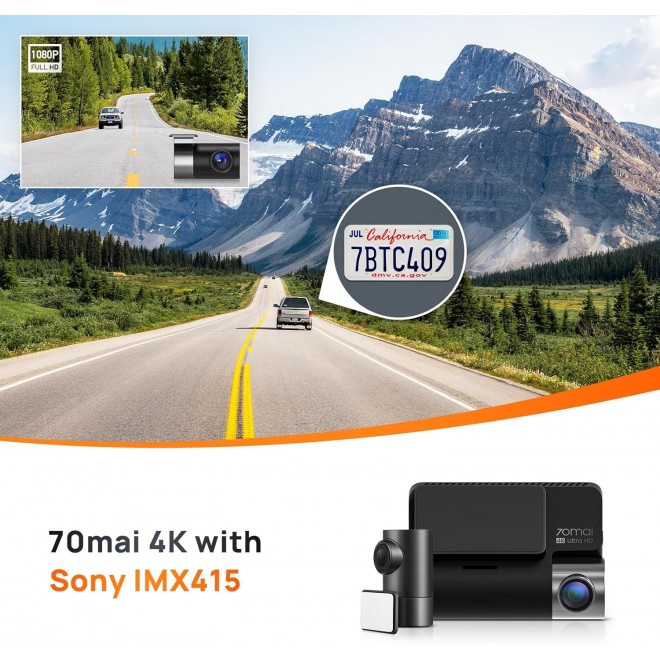 70mai 4K Dash Cam A800S with Sony IMX415, Front and Rear,Built in GPS, Super Night Vision, 3'' IPS LCD, 24H Parking Mode, ADAS, Loop Recording, iOS/Android App Control