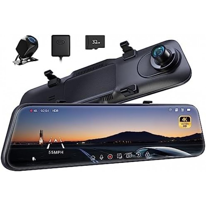 P12 Pro 4K Mirror Dash Cam, 12'' Rear View Mirror Camera Smart Driving Assistant w/ADAS and BSD,2160P Front and Rear Camera,Voice Control,Night Vision,Parking Monitoring,32GB Memory Card