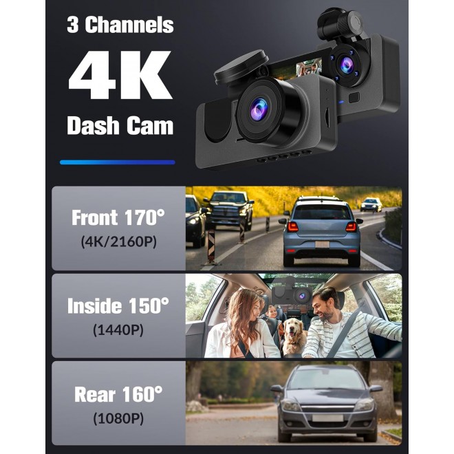 Dash Camera for Cars,4K Full UHD Car Camera Front Rear with 32GB Card,Built-in Super Night Vision,2.0'' IPS Screen,170°Wide Angle,WDR, 24H Parking Mode, Loop Recording