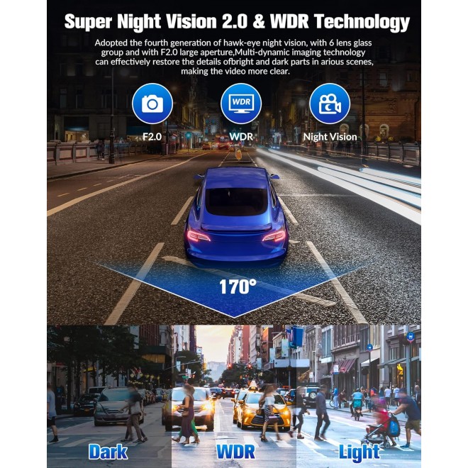 Dash Camera for Cars,4K Full UHD Car Camera Front Rear with 32GB Card,Built-in Super Night Vision,2.0'' IPS Screen,170°Wide Angle,WDR, 24H Parking Mode, Loop Recording