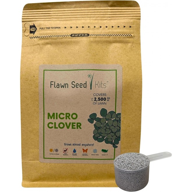 Flawn Seed Micro Clover Seed, Eco-Friendly, Low Growing, Low Maintenance, Lawn Alternative, Kraft Zipper Pouch with Easy Spread Scoop, Over-Seed up to 2,500 sqft