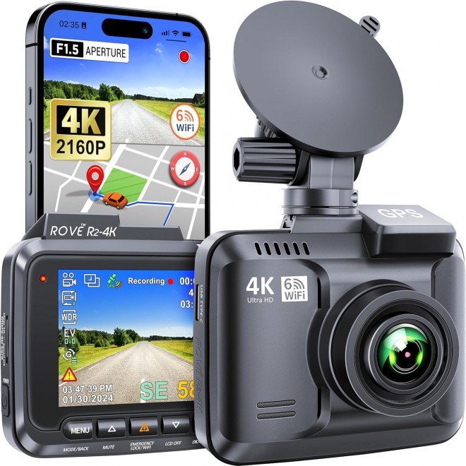 ROVE R2-4K Dash Cam Built-in WiFi GPS Car Dashboard Camera Recorder with UHD 2160P, 2.4 IPS Screen, 150° Wide Angle, WDR, Night Vision