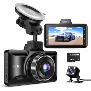 AZDOME Dual Dash Cam Front and Rear, 3 inch 2.5D IPS Screen Free 64GB Card Car Driving Recorder, 1080P FHD Dashboard Camera, Waterproof Backup Camera Night Vision, Park Monitor, G-Sensor, for Car Taxi