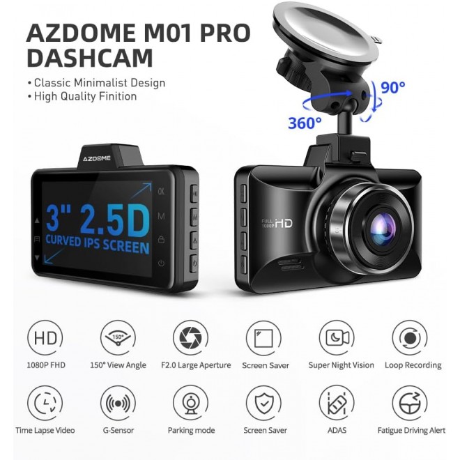 AZDOME Dual Dash Cam Front and Rear, 3 inch 2.5D IPS Screen Free 64GB Card Car Driving Recorder, 1080P FHD Dashboard Camera, Waterproof Backup Camera Night Vision, Park Monitor, G-Sensor, for Car Taxi