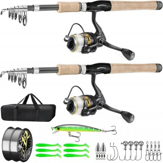 2PCS Fishing Pole Combo,Carbon Fiber Fishing Pole ，12 +1 Shielded Bearings Stainless Steel BB Spinning Reels Fishing Carrier Bag for Travel Saltwater Freshwater