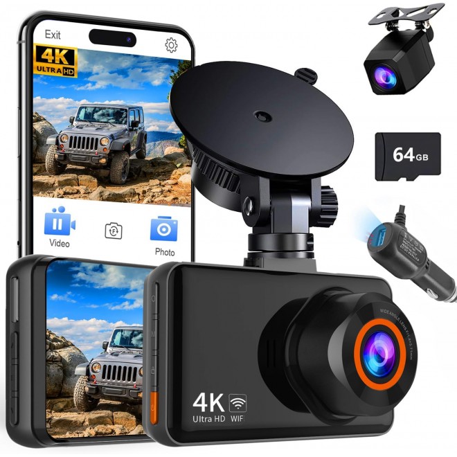 4K WiFi Dash Cam Front and 1080P Rear,3 App Control Smart Dash Camera for Cars Dual DashCamera para Carro Driving Recorder,WDR,WideAngle,Parking Monitor,G-Sensor,Large Sucker,Free 64GB Card