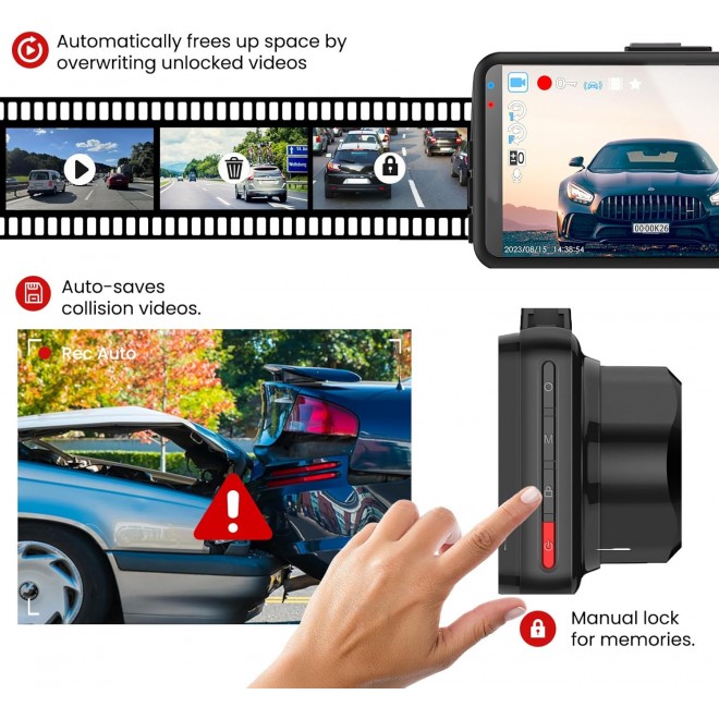 4K WiFi Dash Cam Front and 1080P Rear,3 App Control Smart Dash Camera for Cars Dual DashCamera para Carro Driving Recorder,WDR,WideAngle,Parking Monitor,G-Sensor,Large Sucker,Free 64GB Card