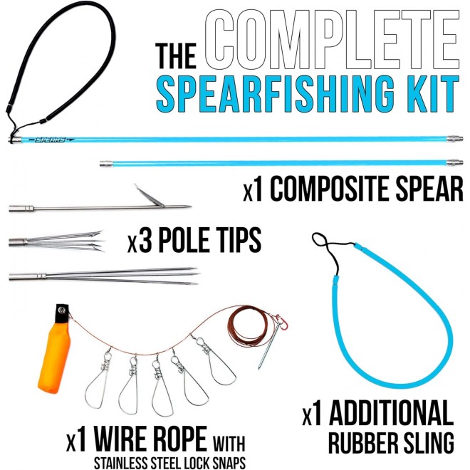 Hawaiian Sling Fishing Spear Set - Travel Fiberglass Pole Spear Harpoon for Spearfishing with 3 Prong Paralyzer Tips 5' - Fishing line Holder and Travel Bag Included for Spear Fishing Equipment