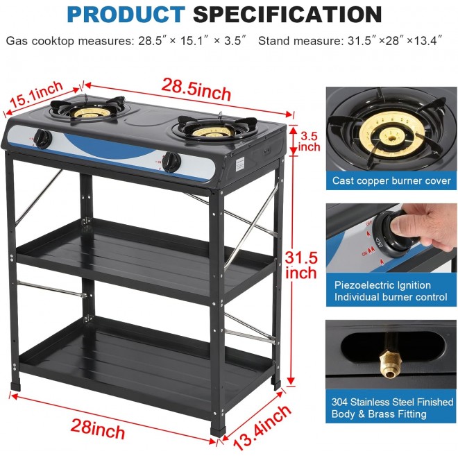 Propane Gas Stove 2 Burner Gas Stove with Removable Leg Stand Portable Gas Stove Black Auto Ignition Camping Dual Burner LPG for RV, Apartment, Outdoor