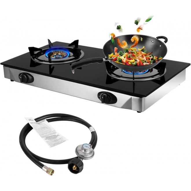 BreeRainz Gas Stove 2 Burner Propane Stove Portable Auto Ignition Gas Cooktop LPG with Tempered Glass for Indoor Outdoor Kitchen Apartments RV Camping