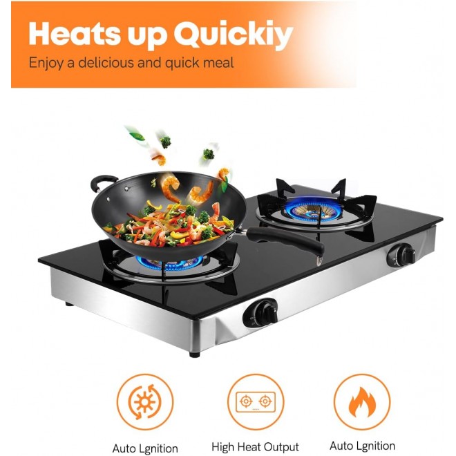 BreeRainz Gas Stove 2 Burner Propane Stove Portable Auto Ignition Gas Cooktop LPG with Tempered Glass for Indoor Outdoor Kitchen Apartments RV Camping