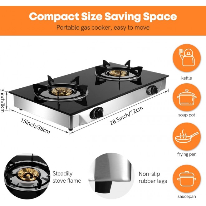 BreeRainz Gas Stove 2 Burner Propane Stove Portable Auto Ignition Gas Cooktop LPG with Tempered Glass for Indoor Outdoor Kitchen Apartments RV Camping