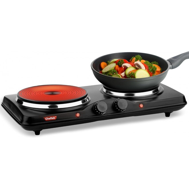 Cheftek Electric Double Burner Hot Plate - With Powerful 1700W, Adjustable Temperature Control, Portable Cooktop Compatible With All Cookware, Enamel-Coated, Non-Slip Feet, Countertop Burner