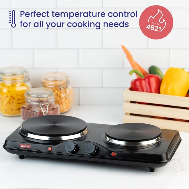 Cheftek Electric Double Burner Hot Plate - With Powerful 1700W, Adjustable Temperature Control, Portable Cooktop Compatible With All Cookware, Enamel-Coated, Non-Slip Feet, Countertop Burner